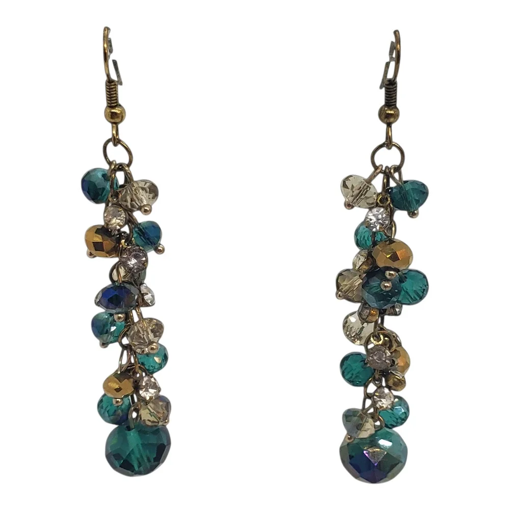 Vintage Dangle Drop Earrings Teal Green Glass Bead Dangle Chandelier Boho